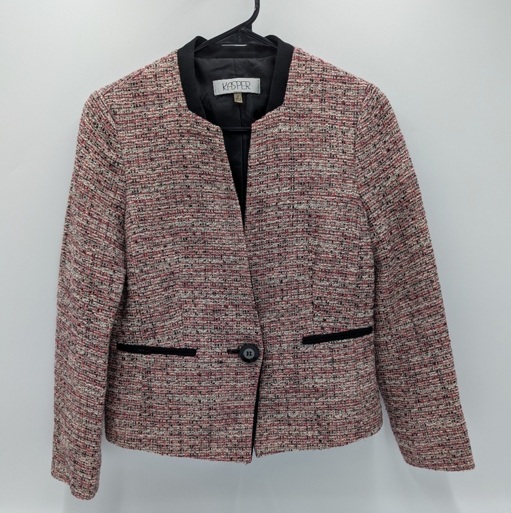 Kasper Women's Tweed Jacket Blazer 6P Business V-Neck Career Corporate Pink